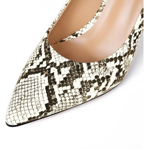 Women's Beige Synthetic Snake Skin Pumps Pointed Toe Stiletto Slip On Heels - Picture 4 of 6
